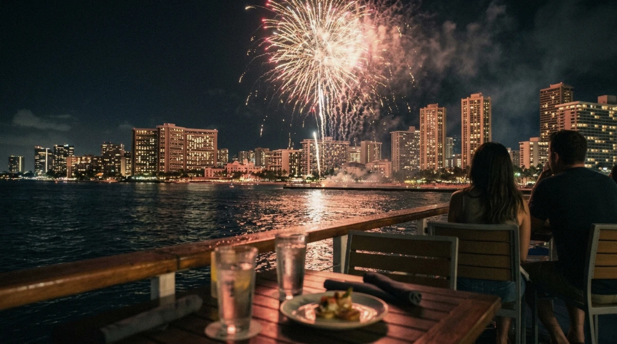 Fireworks over Waikiki Beach seen from a Friday night dinner cruise, the best time for a Honolulu dinner cruise to catch the Hilton show