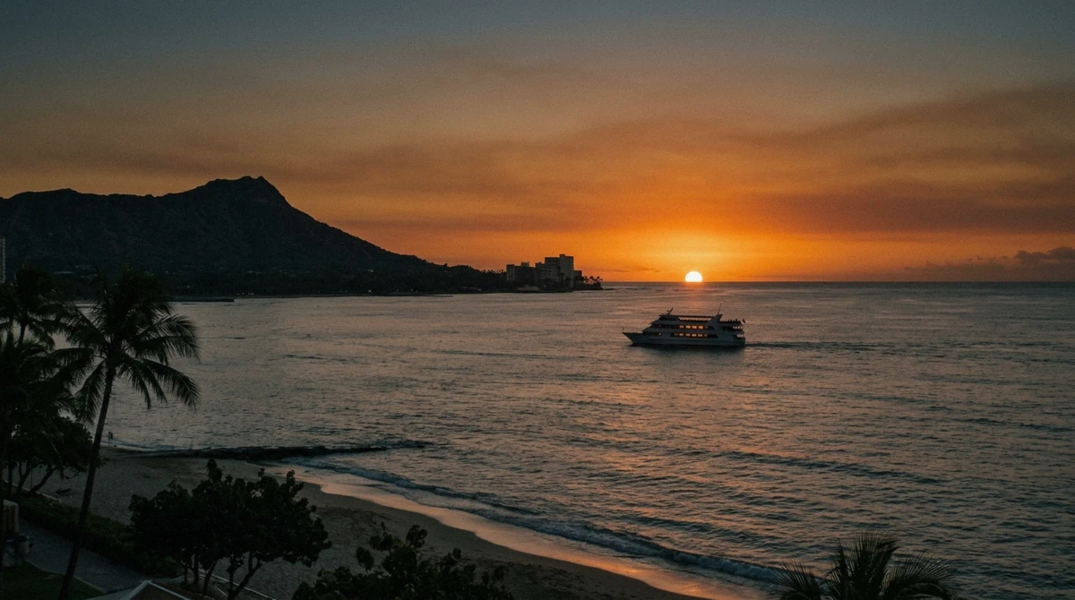 A dinner cruise boat off Waikiki silhouetted against an early winter sunset, the best time for a dinner cruise in Honolulu with Diamond Head behind