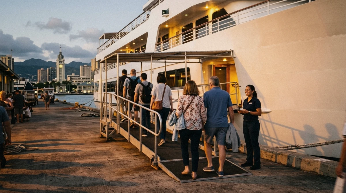 Passengers boarding the white dinner cruise boat at Pier 8, Aloha Tower, before a dinner cruise in Honolulu at golden hour