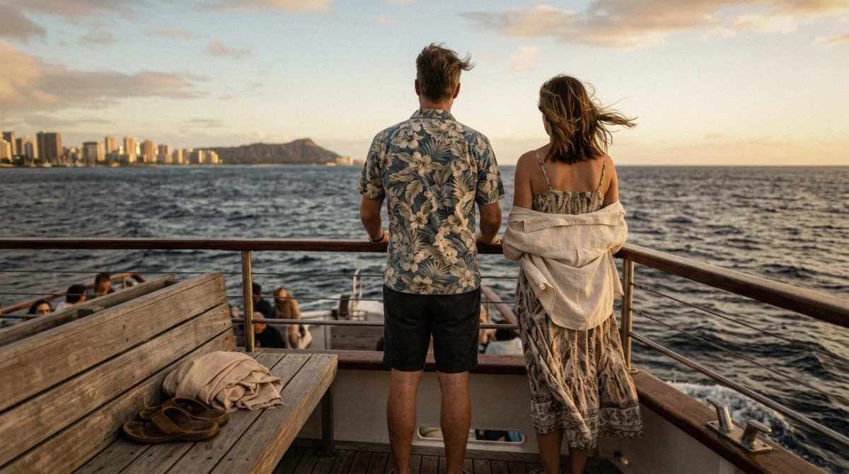 Passengers in aloha shirts and sundresses with light jackets on the open deck of a dinner cruise in Hawaii at golden hour