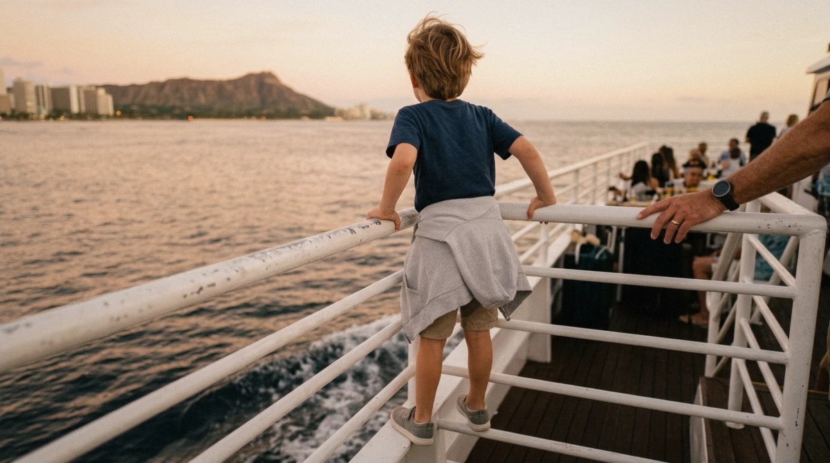 A child looking out over the rail at sunset on a family-friendly Honolulu dinner cruise with kids, Diamond Head behind