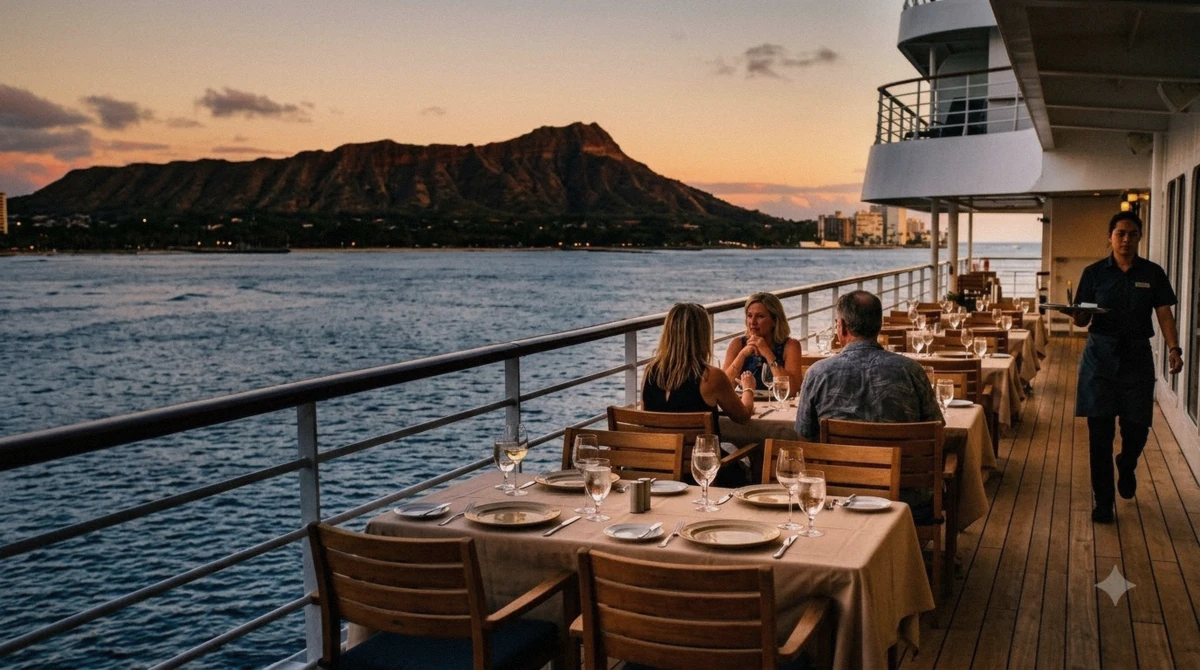 Diners at a linen-covered table on the open deck of a dinner cruise in Honolulu as Diamond Head glows at sunset