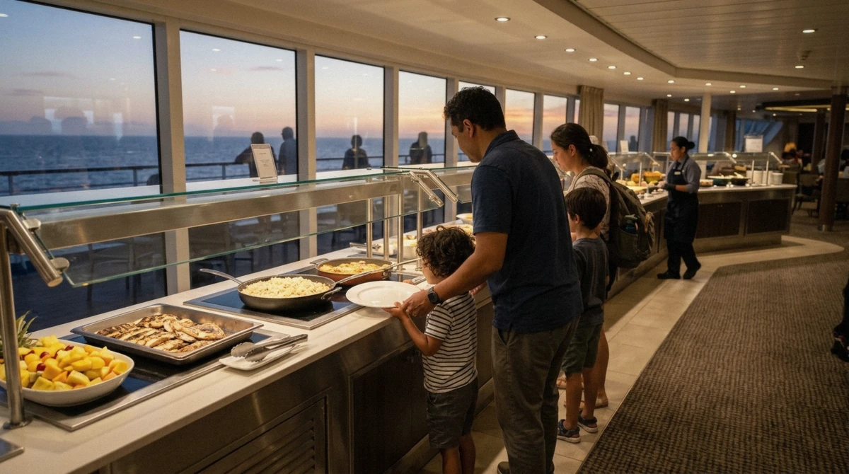 A family at the buffet line during the Pacific Star sunset cruise, a family-friendly Honolulu dinner cruise with kids